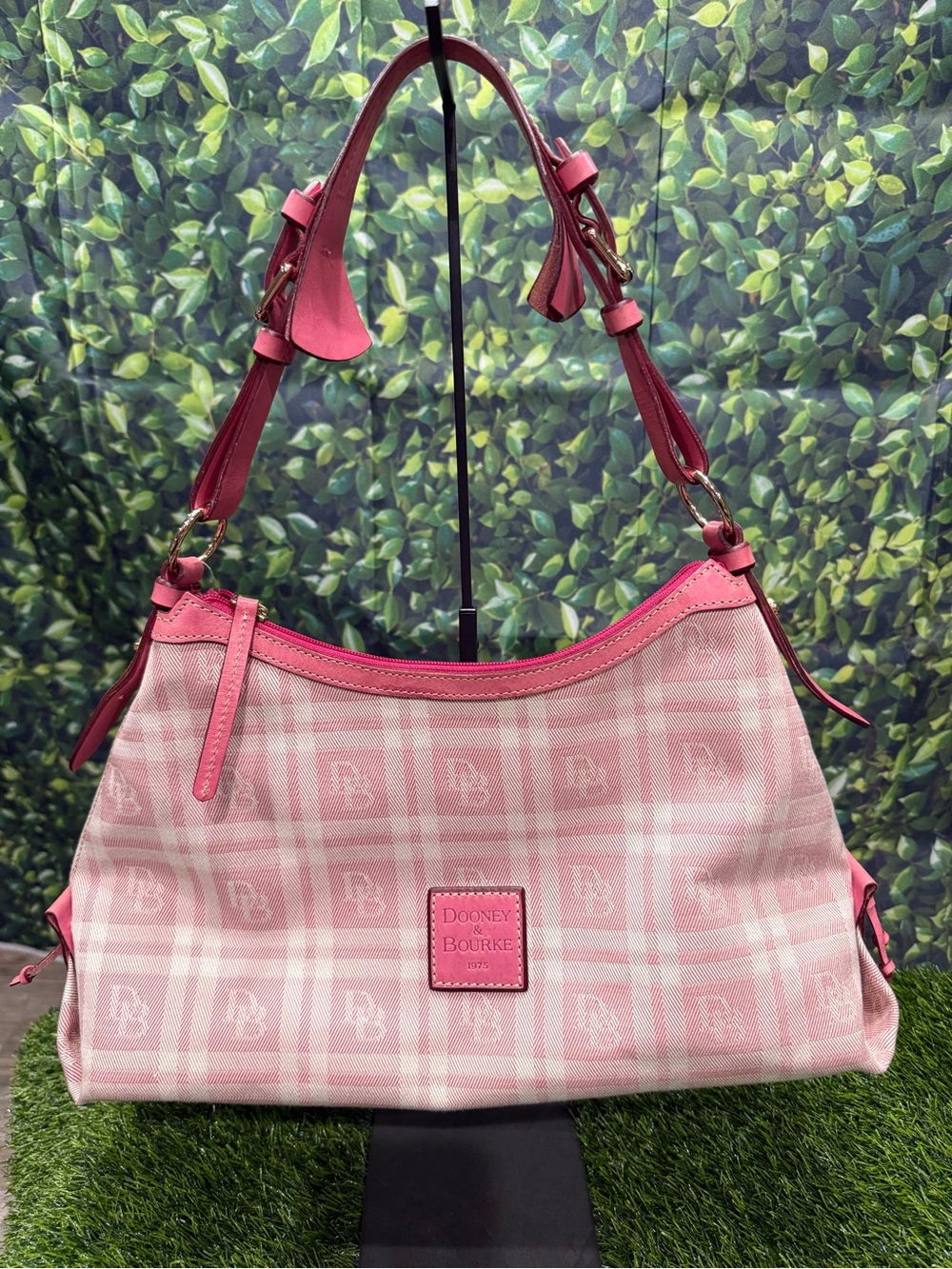 Dooney & Bourke Pink Canvas Plaid Hobo Shoulder Bag Handbag Leather Trim